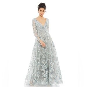 NWT $798 MAC DUGGAL EMBELLISHED V NECK ILLUSION LONG SLEEVE A LINE GOWN 67869